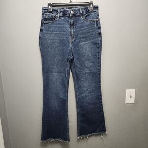 Old navy women's higher high rise flare jeans size 8 blue raw hem